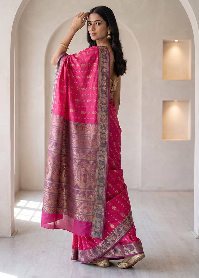 Pink Handloom Baluchari Pure Silk Saree With Blouse Piece