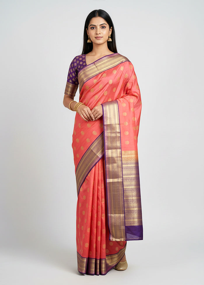Pink Handloom Kanchipuram Pure Silk Saree With Blouse Piece