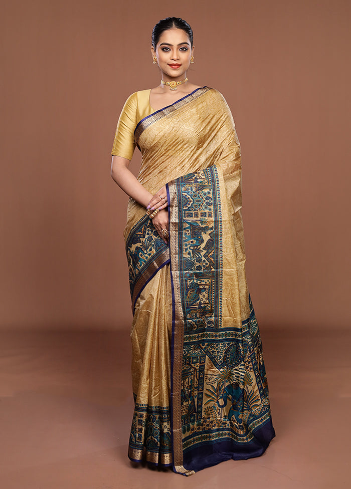 Cream Printed Silk Saree Without Blouse Piece