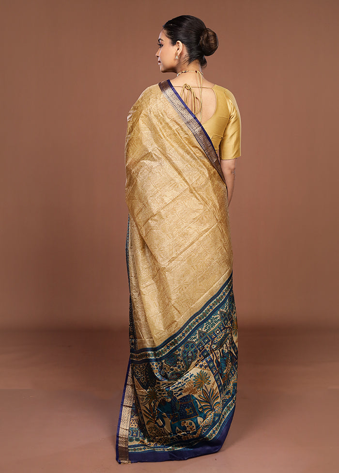 Cream Printed Silk Saree Without Blouse Piece