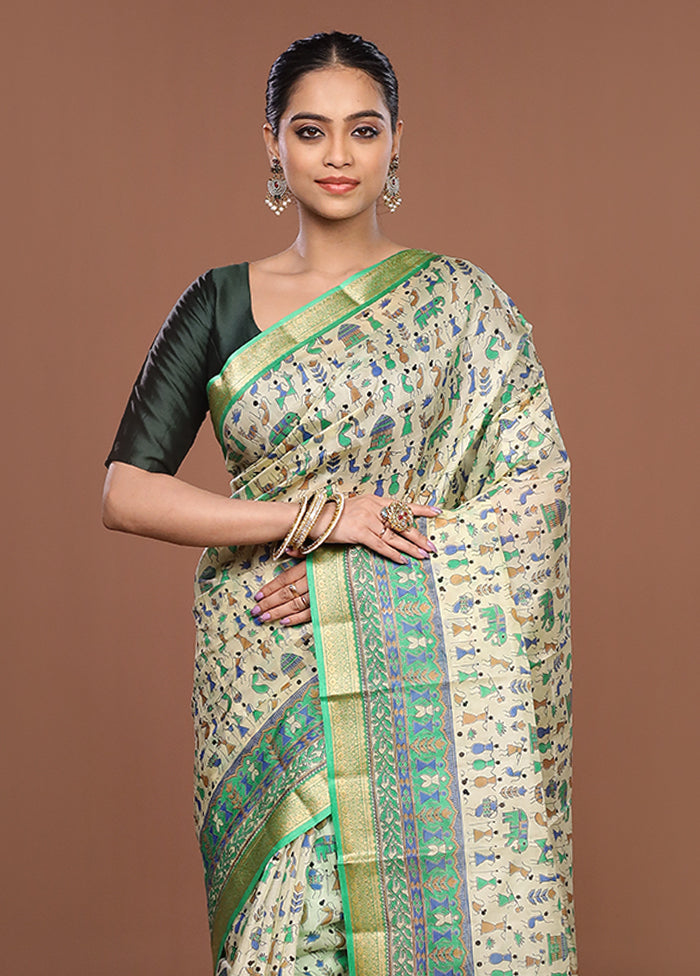 Cream Printed Silk Saree Without Blouse Piece