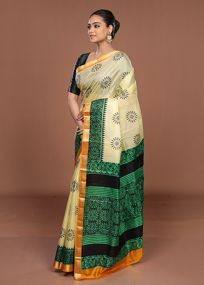 Cream Printed Silk Saree Without Blouse Piece