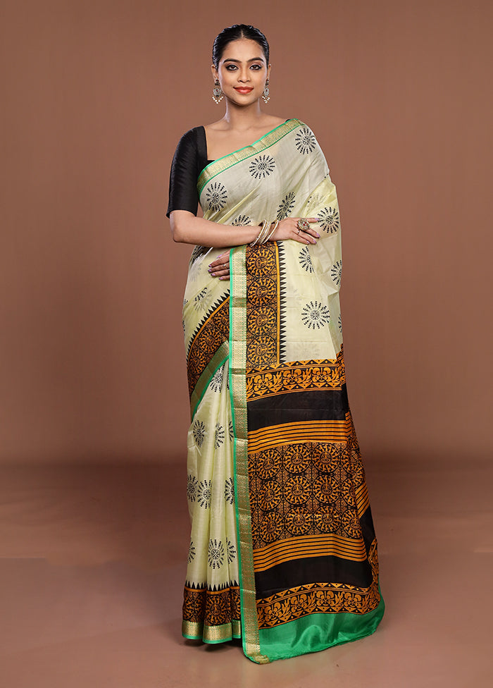 Cream Printed Silk Saree Without Blouse Piece