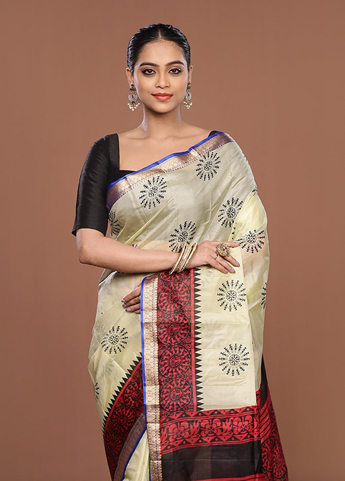 Cream Printed Silk Saree Without Blouse Piece
