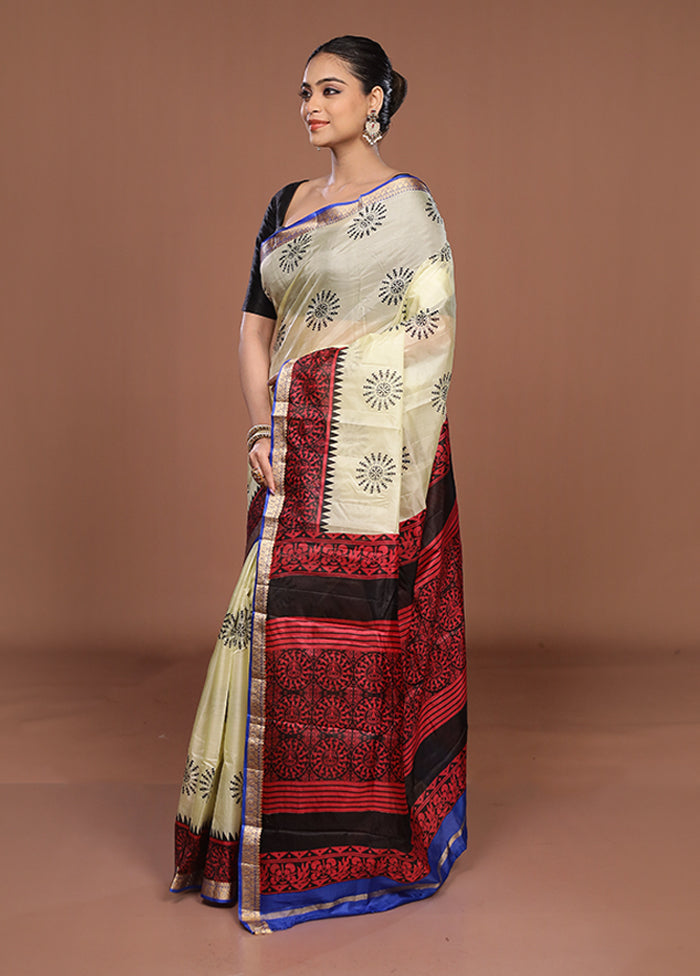 Cream Printed Silk Saree Without Blouse Piece