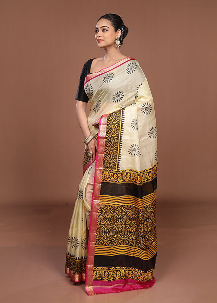 Cream Printed Silk Saree Without Blouse Piece