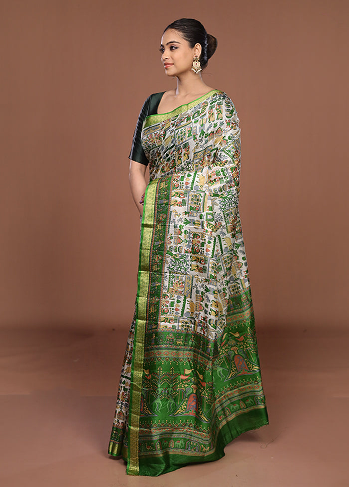 Cream Printed Silk Saree Without Blouse Piece