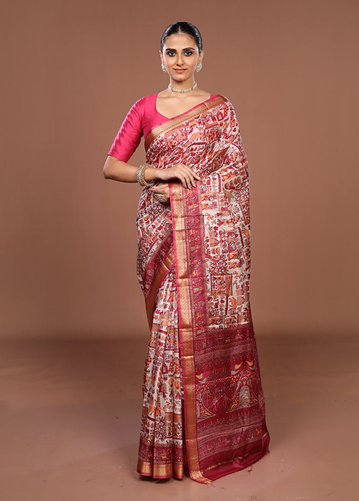Cream Printed Silk Saree Without Blouse Piece