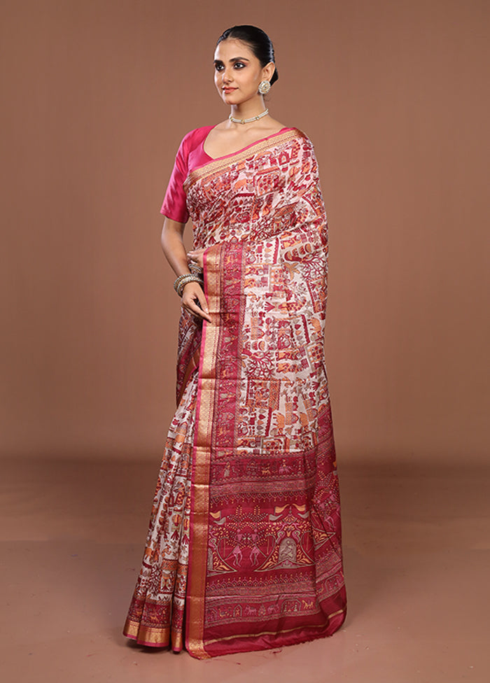 Cream Printed Silk Saree Without Blouse Piece