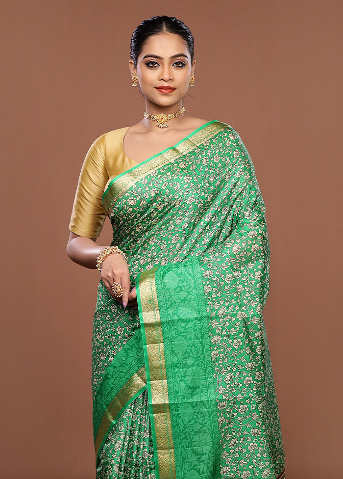 Green Printed Silk Saree Without Blouse Piece