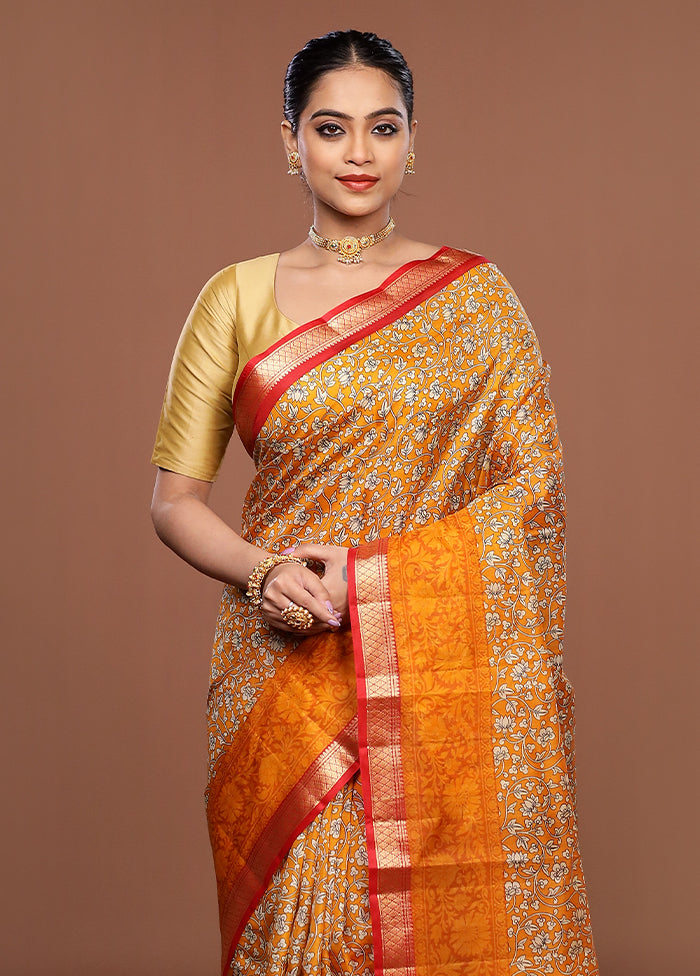Yellow Printed Silk Saree Without Blouse Piece