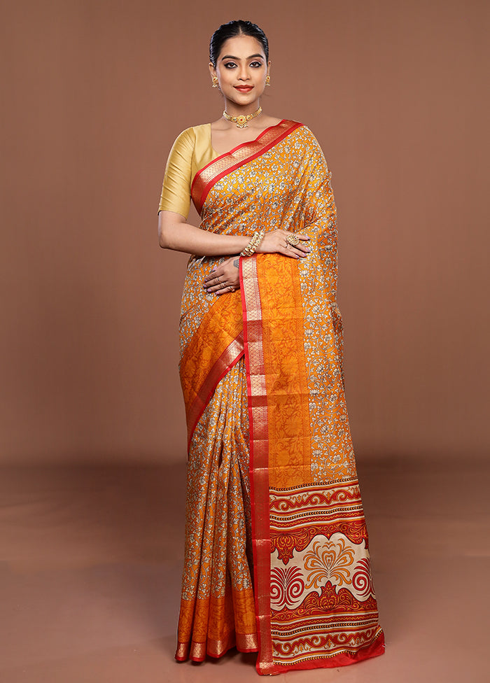 Yellow Printed Silk Saree Without Blouse Piece