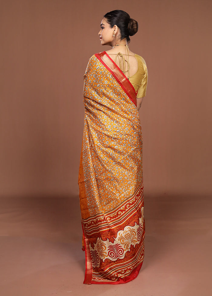 Yellow Printed Silk Saree Without Blouse Piece