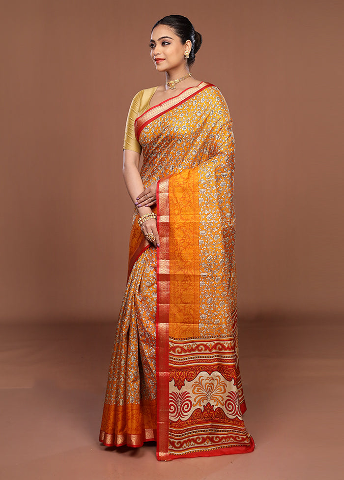 Yellow Printed Silk Saree Without Blouse Piece