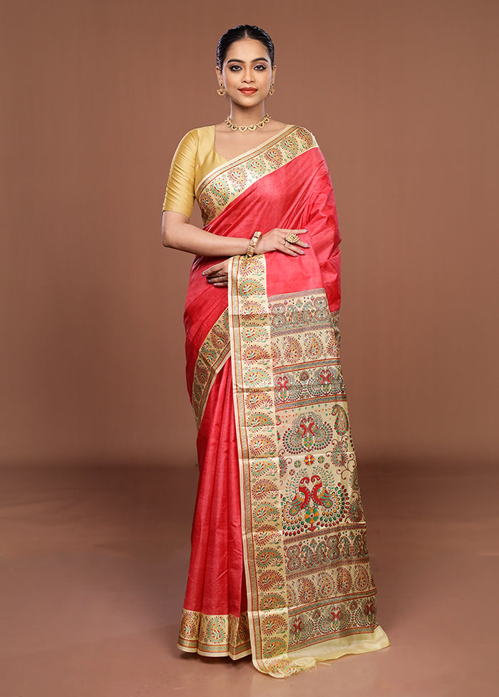 Pink Printed Silk Saree Without Blouse Piece