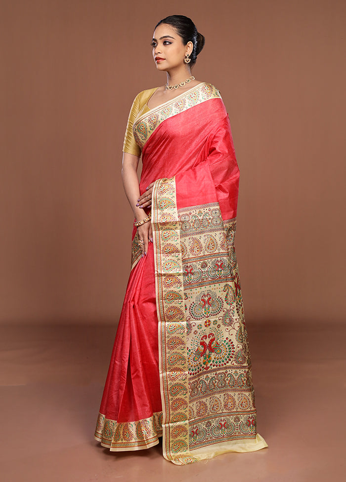 Pink Printed Silk Saree Without Blouse Piece