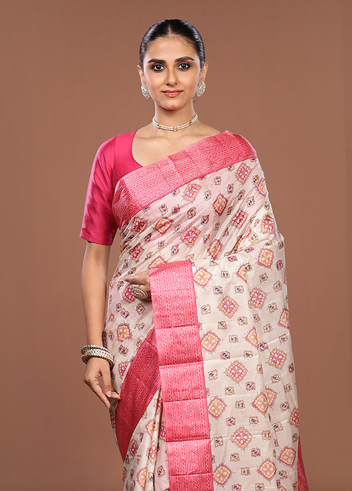White Printed Silk Saree Without Blouse Piece