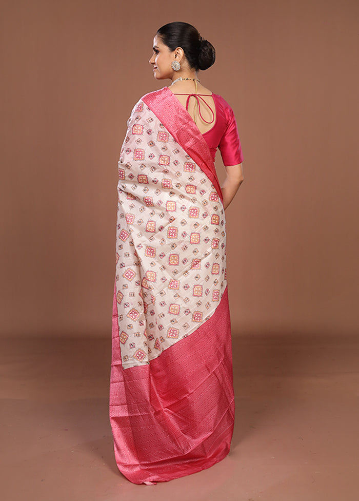 White Printed Silk Saree Without Blouse Piece