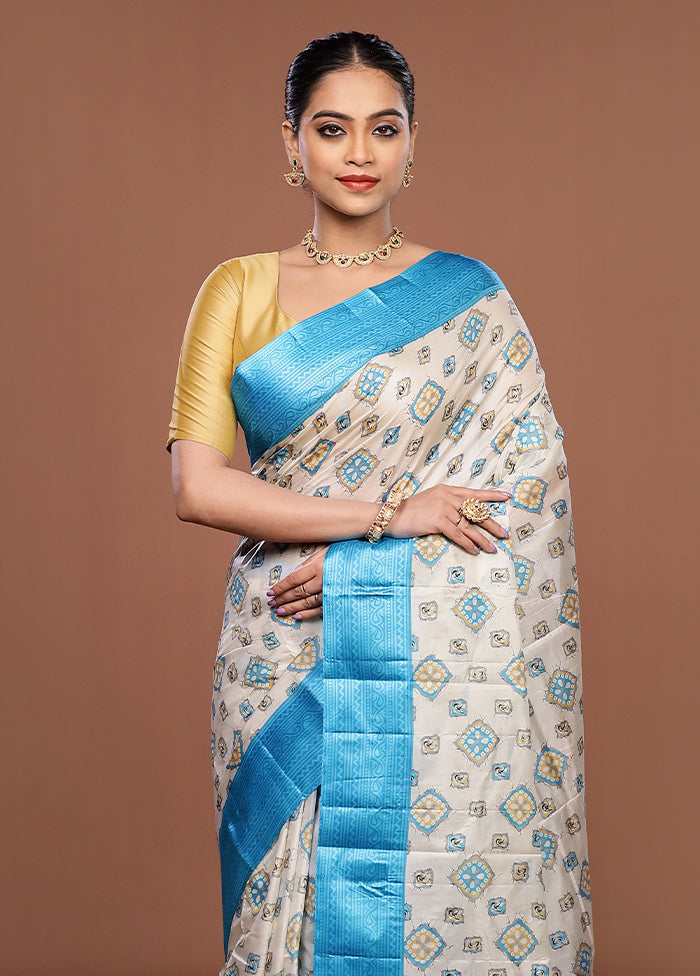 White Printed Silk Saree Without Blouse Piece