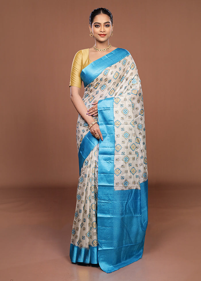 White Printed Silk Saree Without Blouse Piece