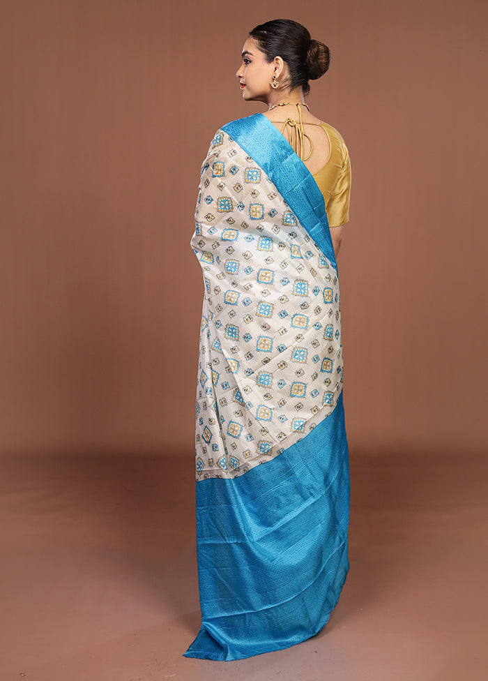 White Printed Silk Saree Without Blouse Piece