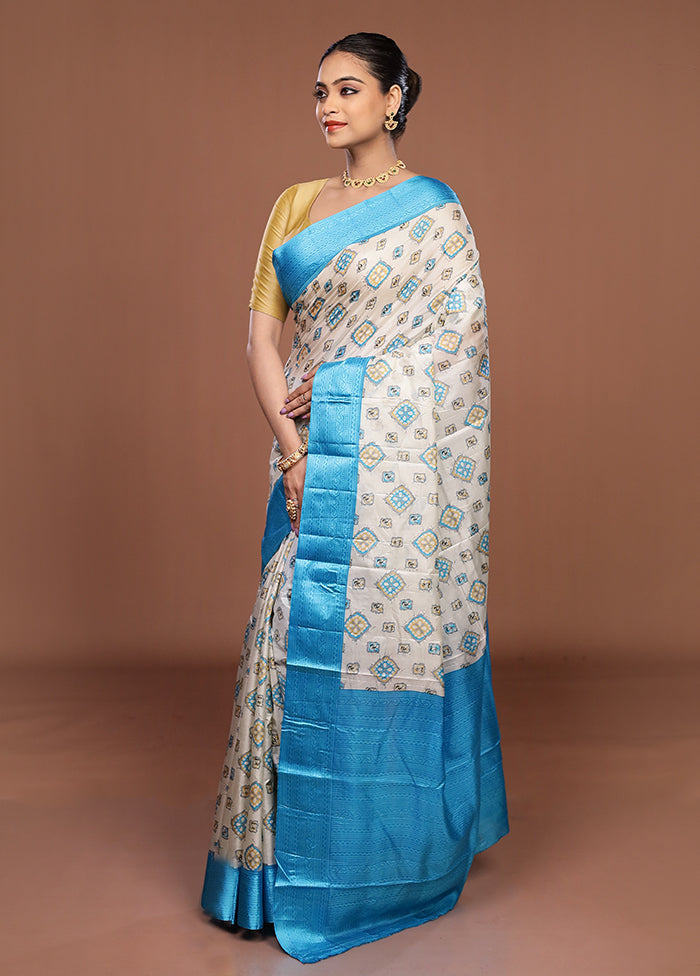 White Printed Silk Saree Without Blouse Piece