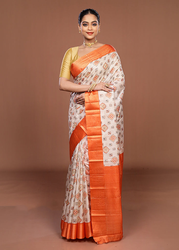 White Printed Silk Saree Without Blouse Piece