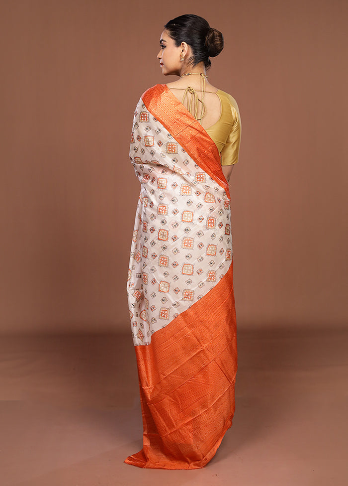 White Printed Silk Saree Without Blouse Piece