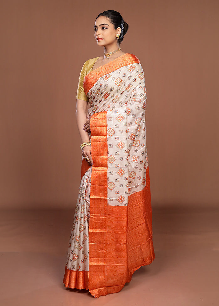 White Printed Silk Saree Without Blouse Piece