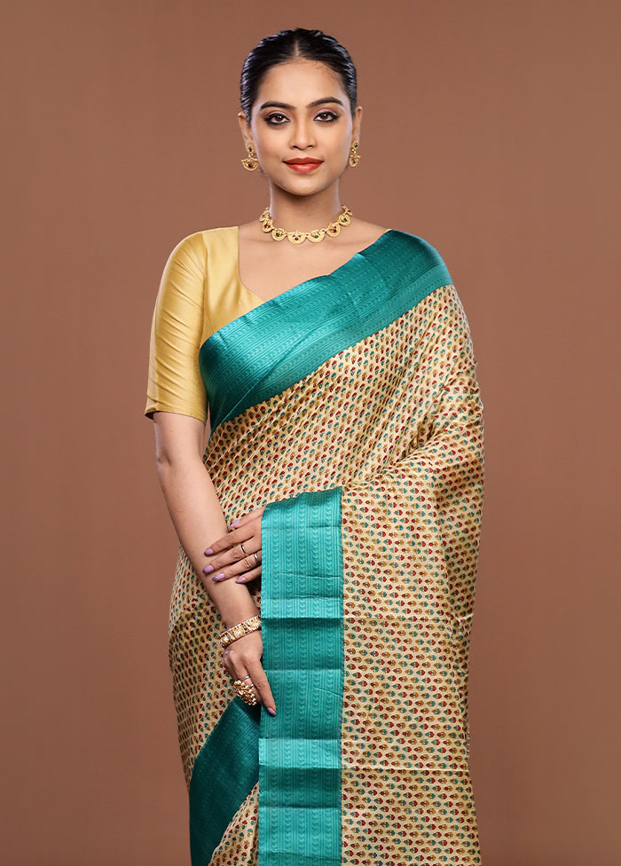 Cream Printed Silk Saree Without Blouse Piece