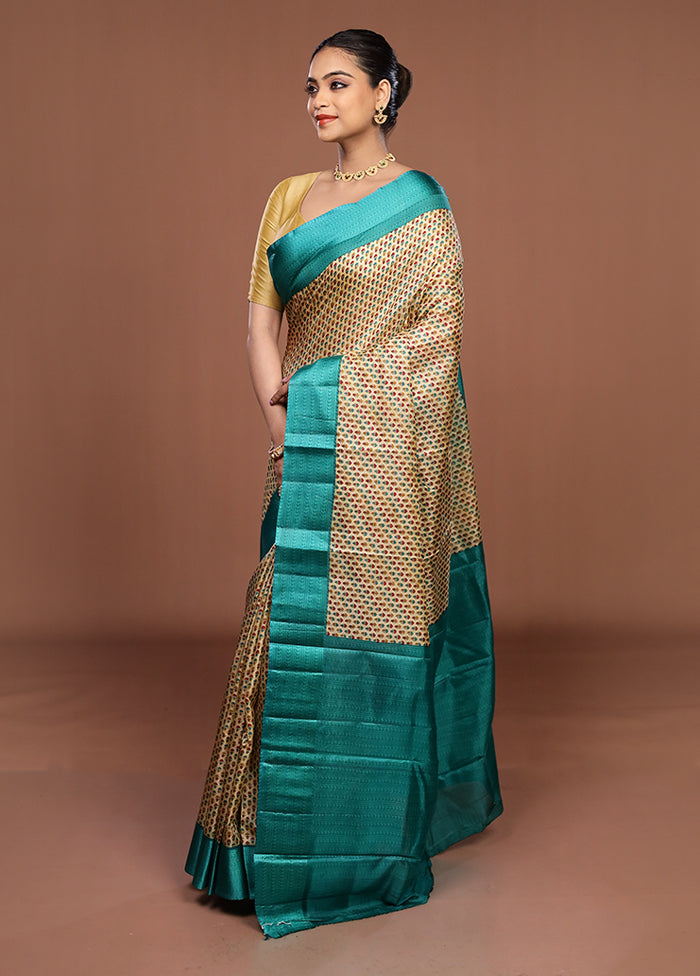 Cream Printed Silk Saree Without Blouse Piece