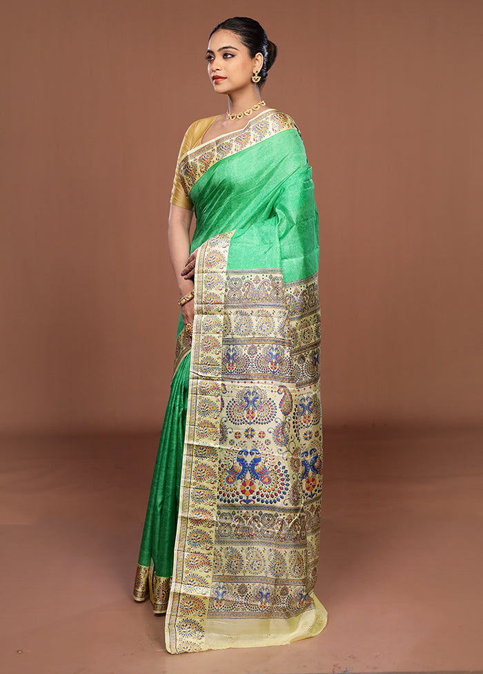 Green Printed Silk Saree Without Blouse Piece