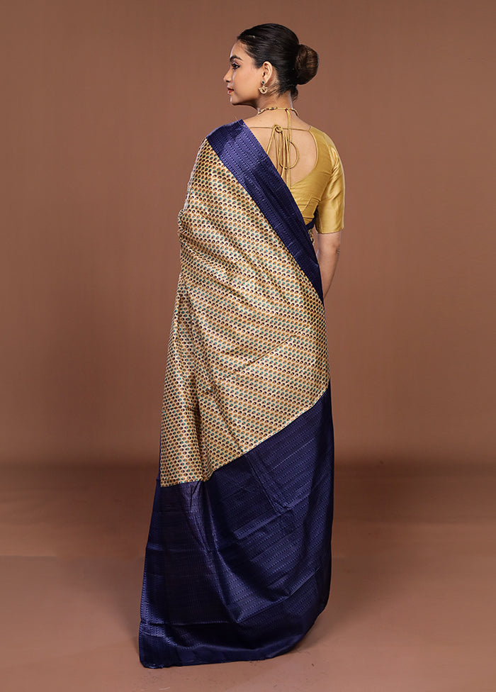 Cream Printed Silk Saree Without Blouse Piece