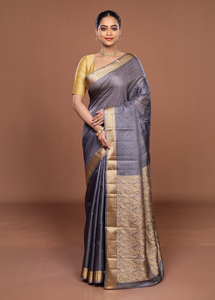 Grey Printed Silk Saree Without Blouse Piece