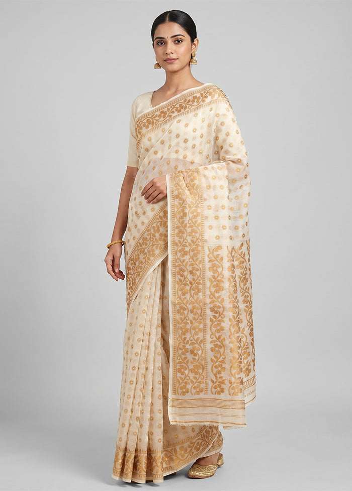 White Jamdani Cotton Saree Without Blouse Piece