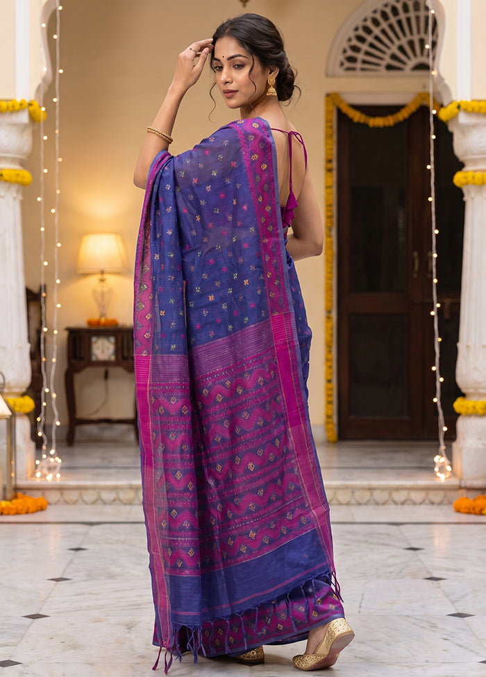 Blue Jamdani Cotton Saree Without Blouse Piece