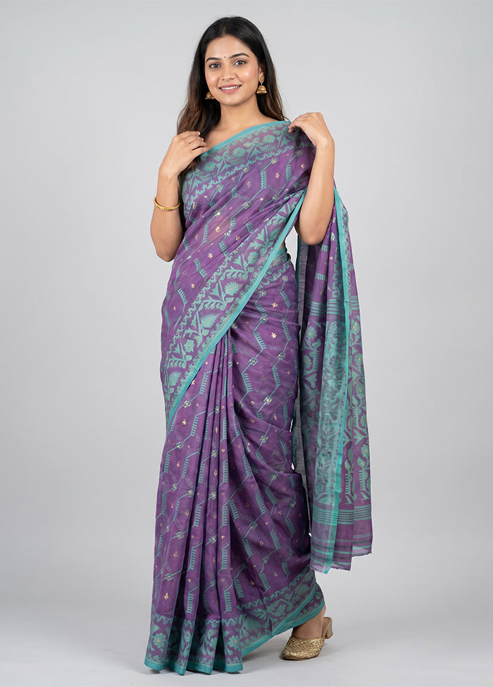 Purple Jamdani Cotton Saree Without Blouse Piece