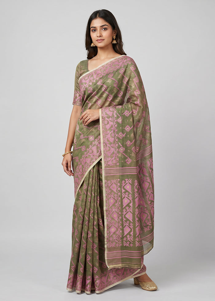 Green Jamdani Cotton Saree Without Blouse Piece