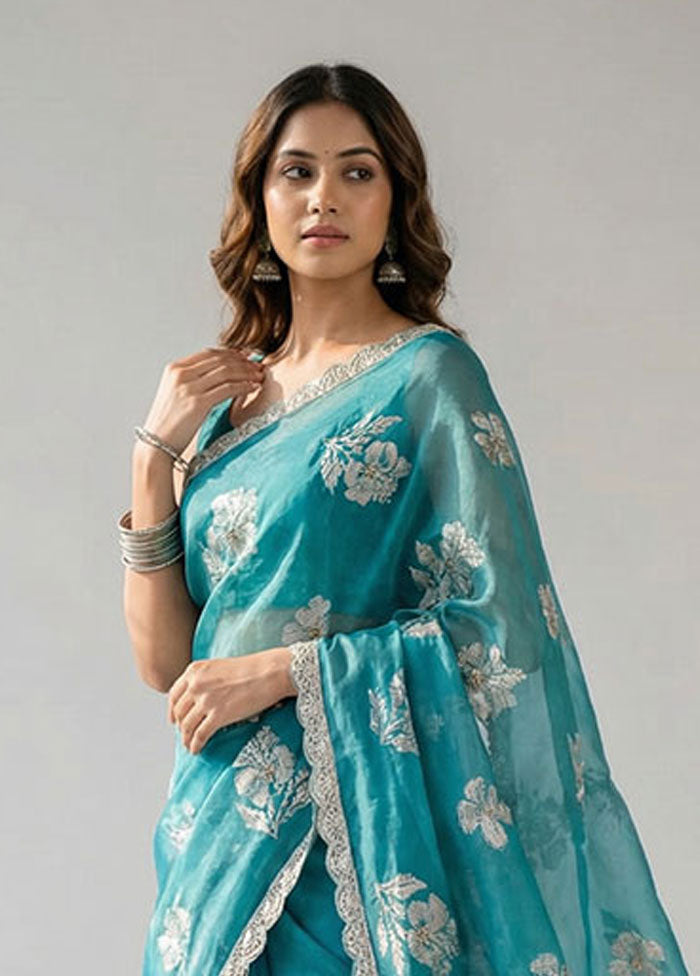 Blue Tissue Silk Saree With Blouse Piece
