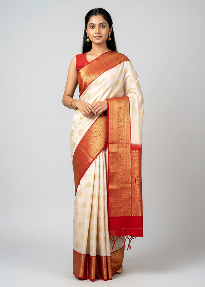 White Handloom Kanchipuram Pure Silk Saree With Blouse Piece