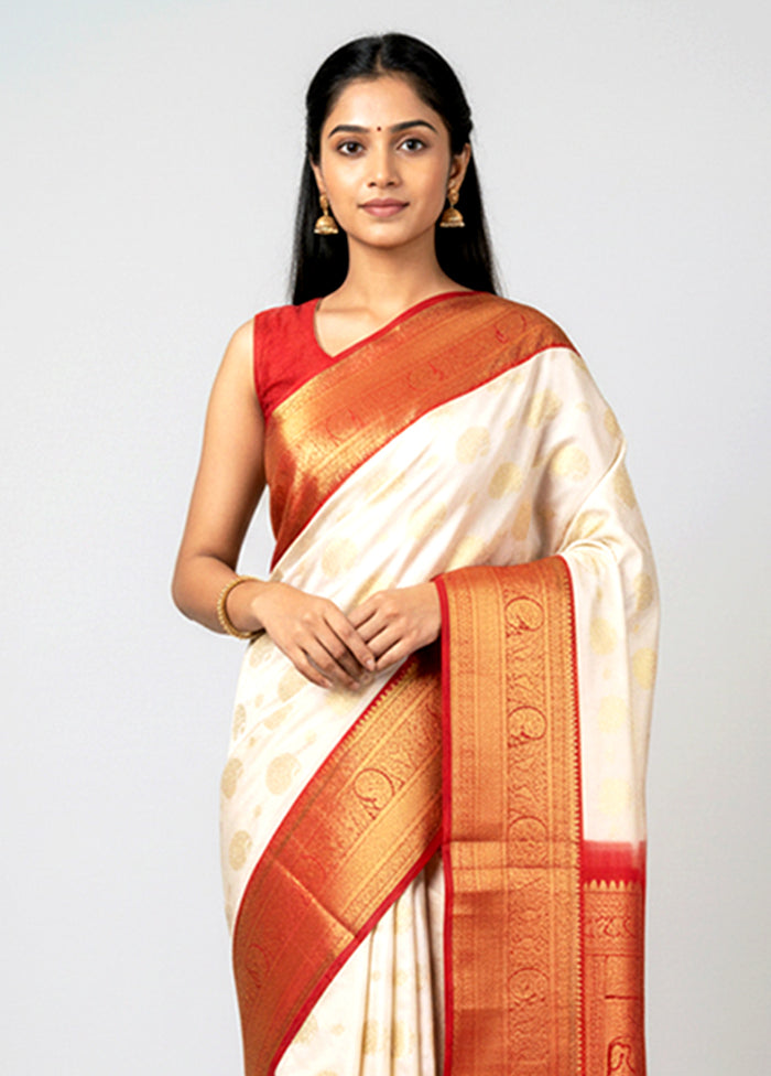 White Handloom Kanchipuram Pure Silk Saree With Blouse Piece
