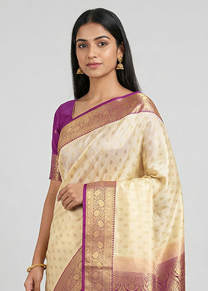 White Banarasi Silk Saree With Blouse Piece