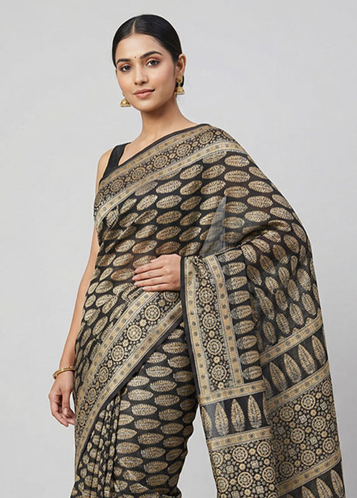 Black Printed Pure Silk Saree Without Blouse Piece