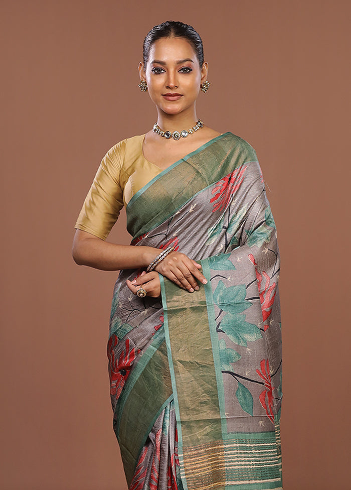 Grey Handloom Tussar Silk Saree With Blouse Piece