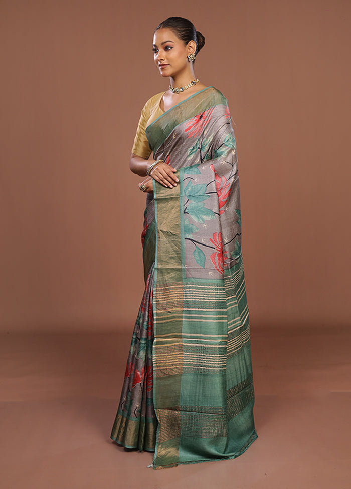Grey Handloom Tussar Silk Saree With Blouse Piece