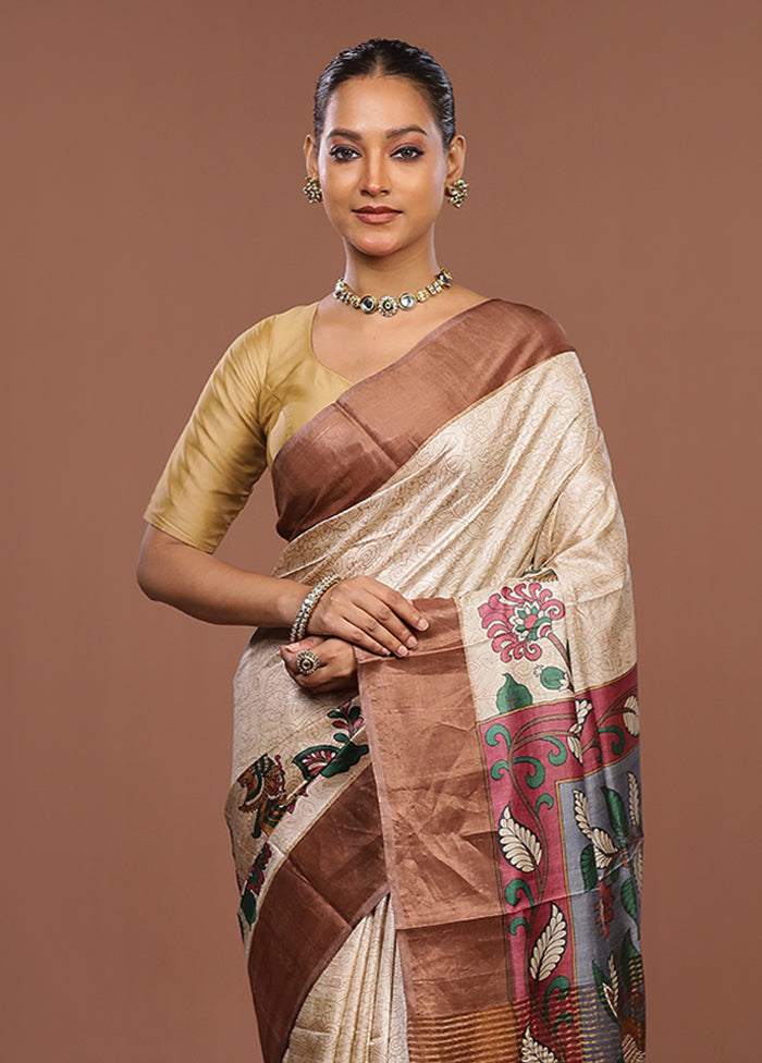 Cream Handloom Tussar Silk Saree With Blouse Piece