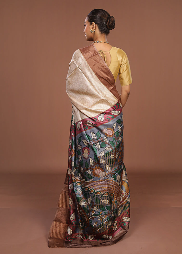 Cream Handloom Tussar Silk Saree With Blouse Piece
