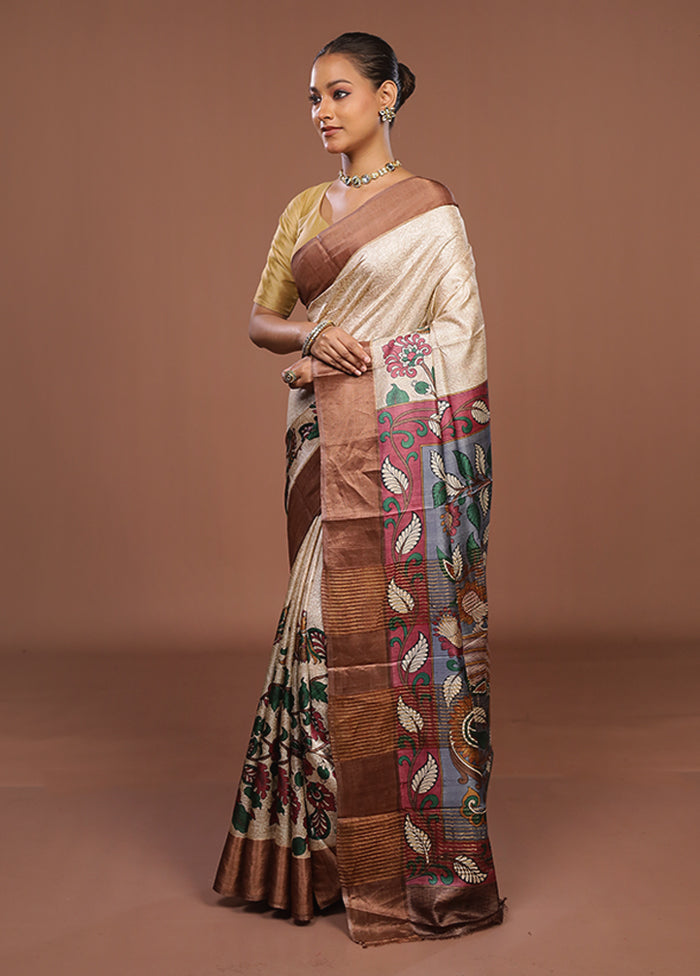 Cream Handloom Tussar Silk Saree With Blouse Piece