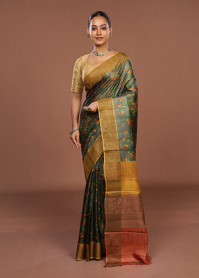 Green Handloom Tussar Silk Saree With Blouse Piece