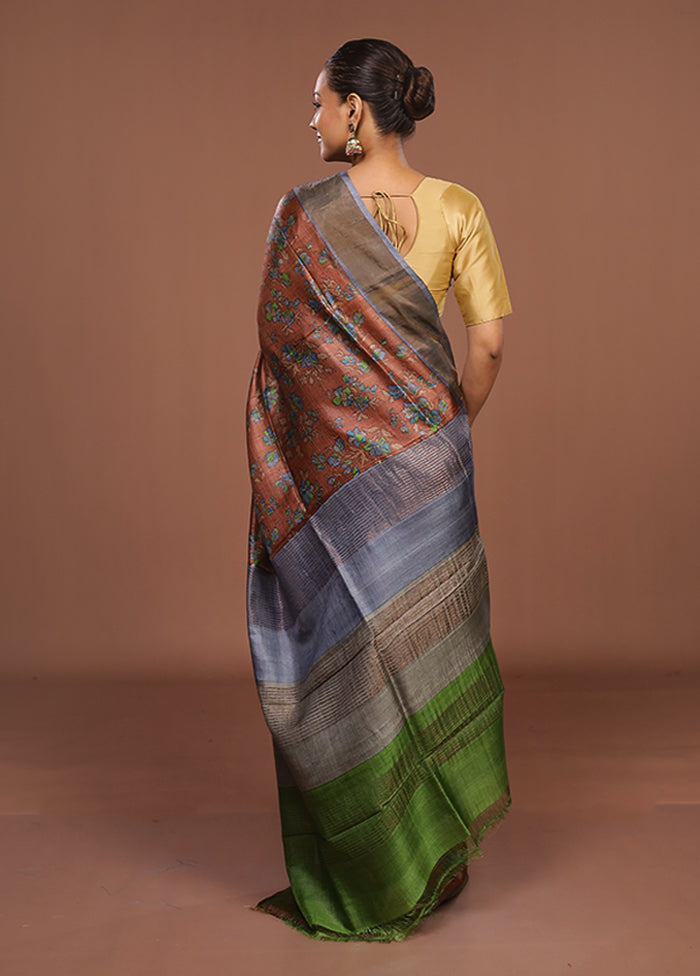 Brown Handloom Tussar Silk Saree With Blouse Piece